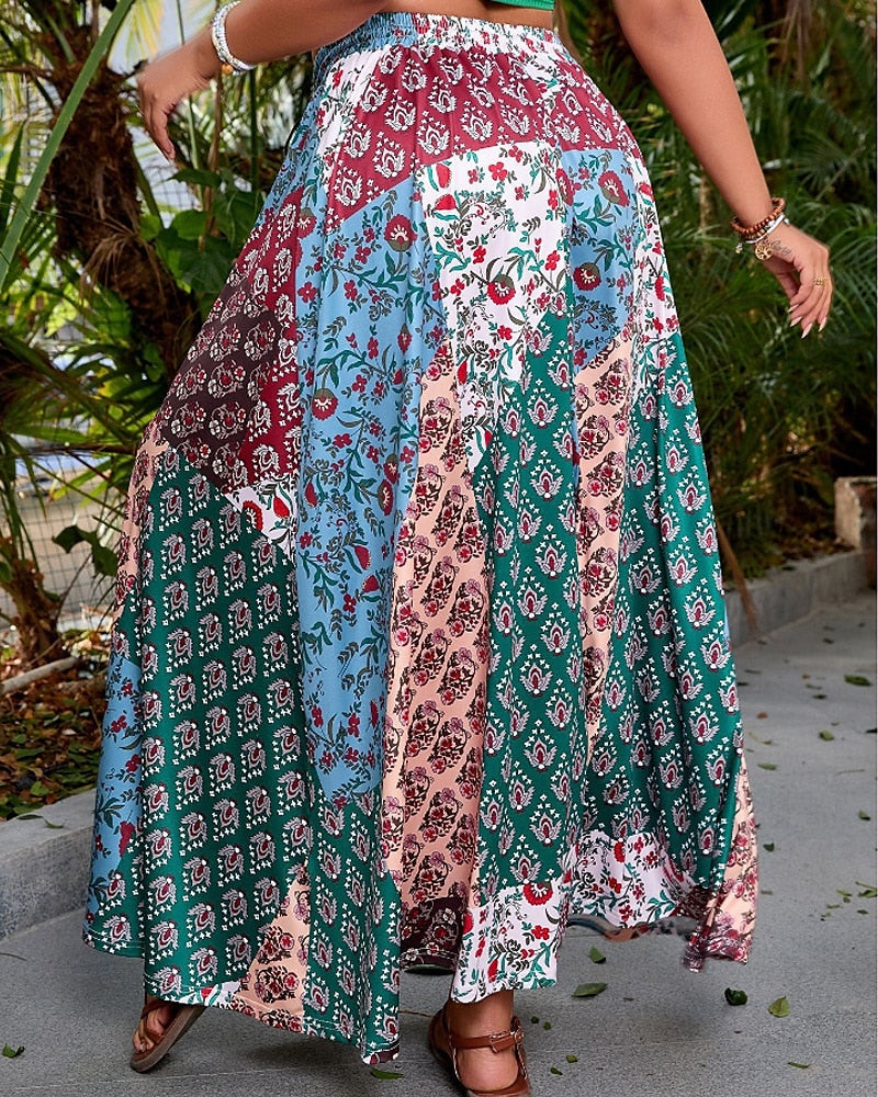 Women's Skirt Casual Boho Maxi Mid Rise Skirts Floral Print Micro-elastic Vacation Street Red Blue Summer Polyester