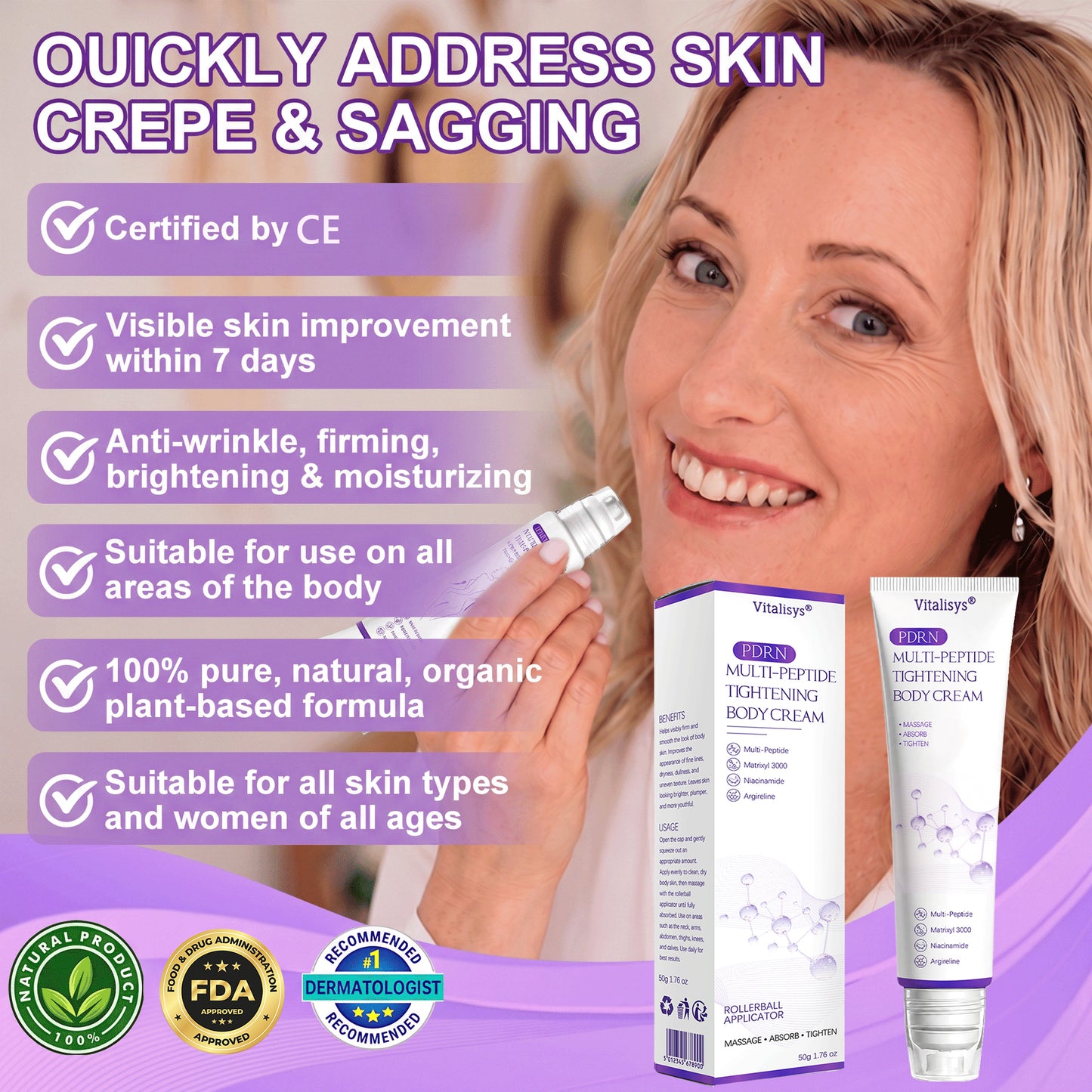 Vitalisys®🔥 PDRN Multi-Peptide Massaging Body Roller Cream- Anti-aging, Hydrating, Skin Firming & Lifting, Skin Repair, Even Tone, Acne and Dark Spot Treatment, Wart and Mole Removal, and Psoriasis Relief.
