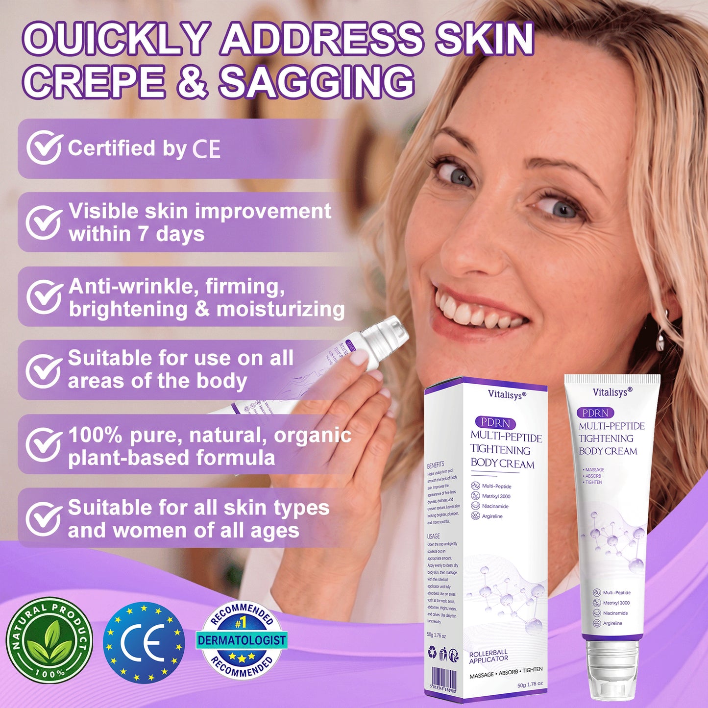 Vitalisys® 🎀PDRN Multi-Peptide Massaging Body Roller Cream- Anti-aging, Hydrating, Skin Firming & Lifting, Skin Repair, Even Tone, Acne and Dark Spot Treatment, Wart and Mole Removal, and Psoriasis Relief.