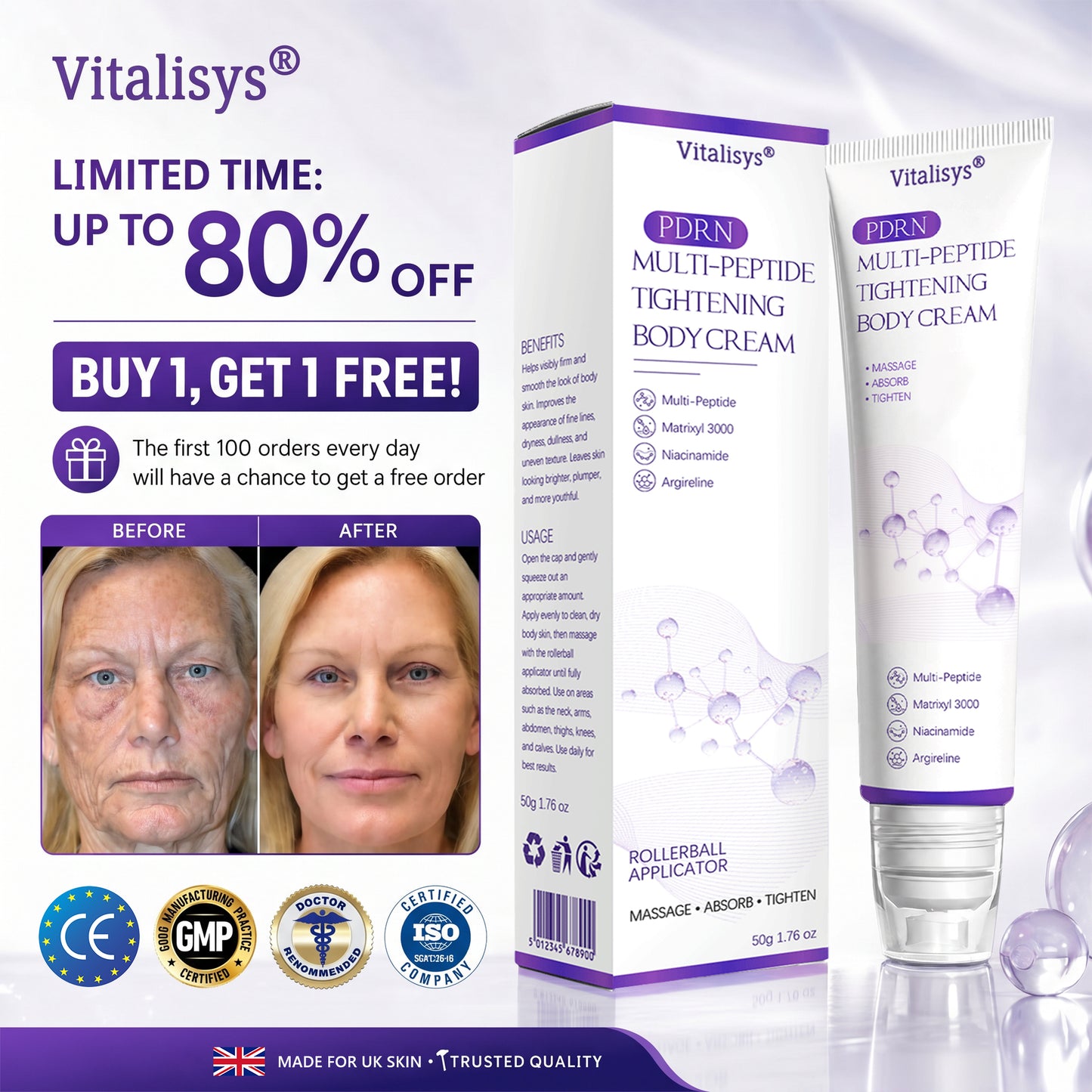 Vitalisys® 🎀PDRN Multi-Peptide Massaging Body Roller Cream- Anti-aging, Hydrating, Skin Firming & Lifting, Skin Repair, Even Tone, Acne and Dark Spot Treatment, Wart and Mole Removal, and Psoriasis Relief.