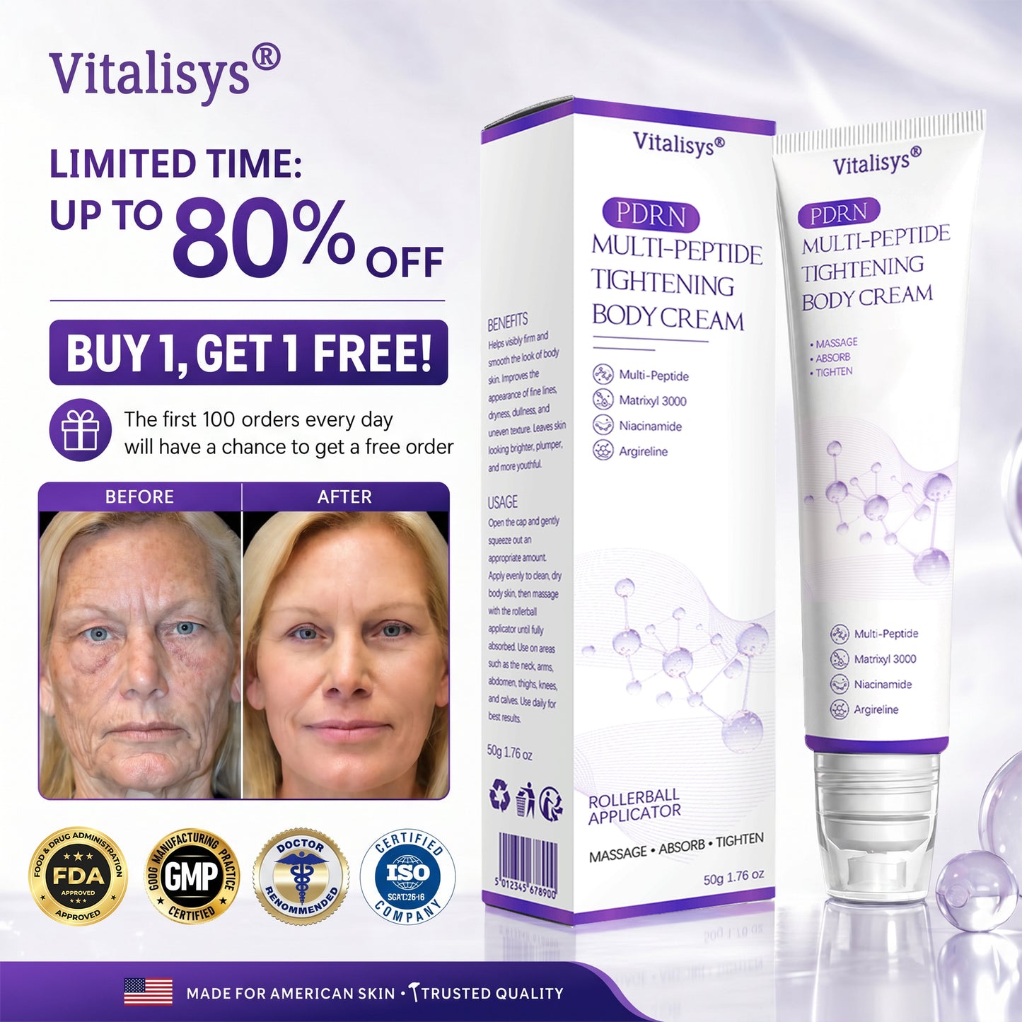 Vitalisys®🔥 PDRN Multi-Peptide Massaging Body Roller Cream- Anti-aging, Hydrating, Skin Firming & Lifting, Skin Repair, Even Tone, Acne and Dark Spot Treatment, Wart and Mole Removal, and Psoriasis Relief.