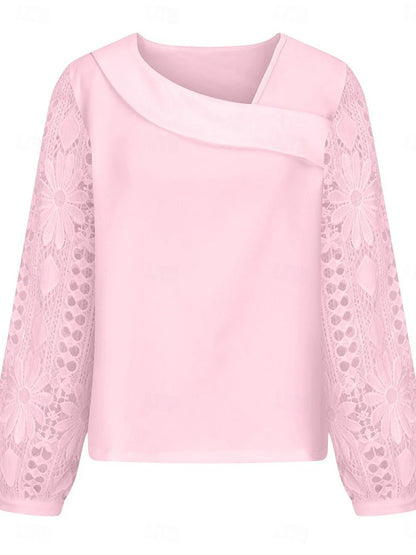Women's White Elegant Lace Tops Eyelet Blouse Casual Solid Color Regular Tops Long Sleeve Asymmetrical Lace Patchwork Regular Fit Daily Black White Pink Romantic Petite Tops Summer Holiday Wear