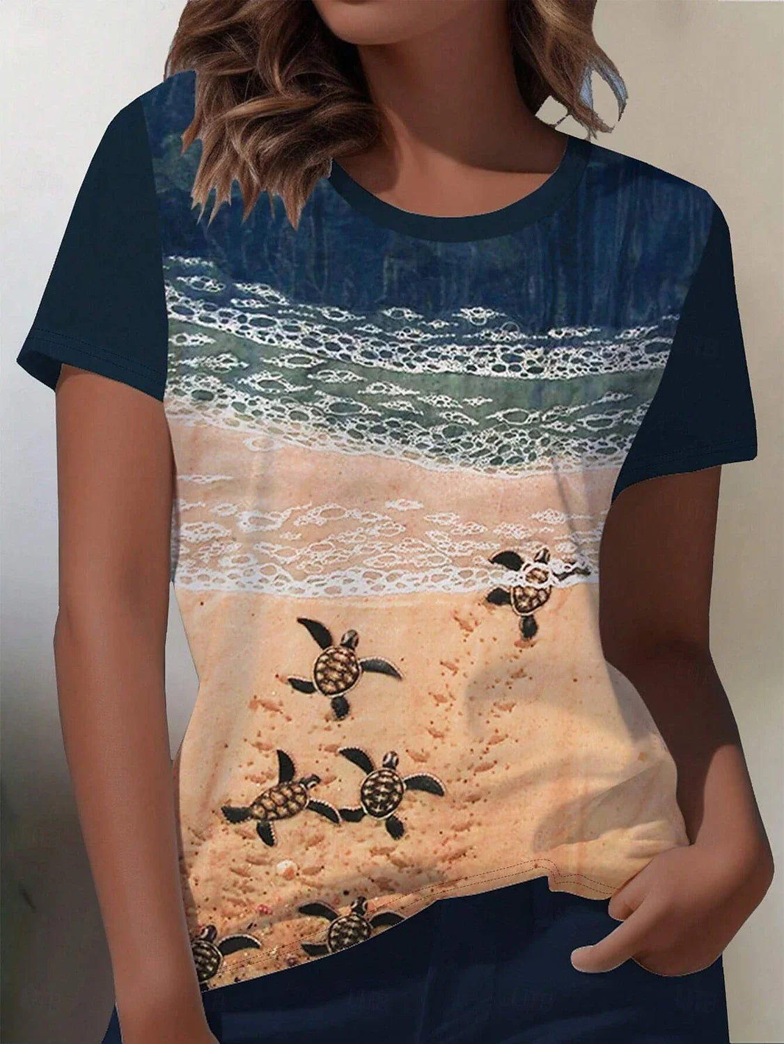 Women's T Shirt Ocean Casual Short Sleeve Round Neck Regular Tops Daily Print Blue Summer Spring
