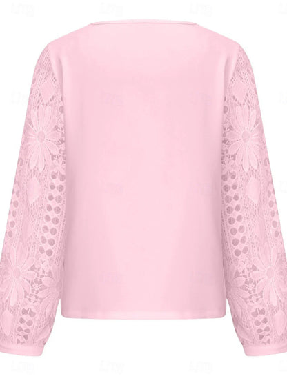 Women's White Elegant Lace Tops Eyelet Blouse Casual Solid Color Regular Tops Long Sleeve Asymmetrical Lace Patchwork Regular Fit Daily Black White Pink Romantic Petite Tops Summer Holiday Wear